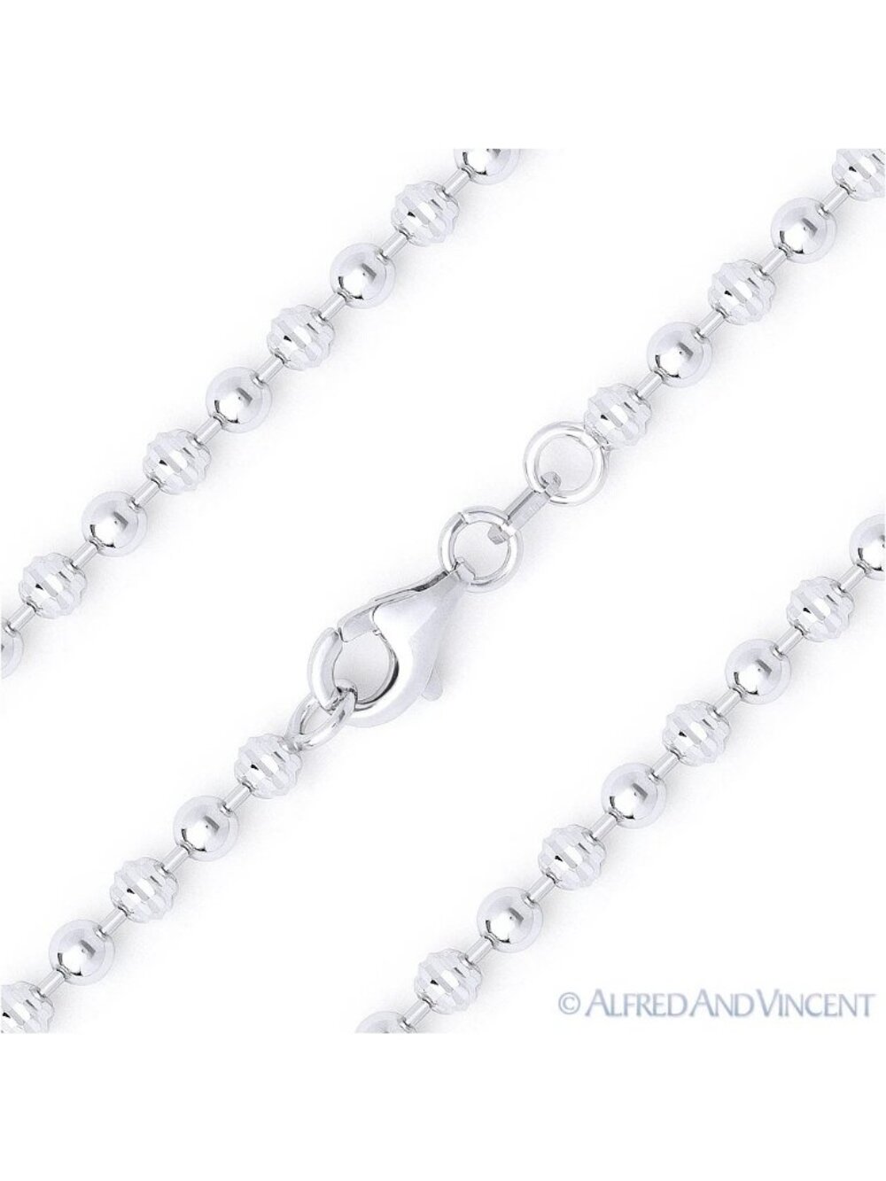 3mm D-Cut & Ball Bead Link Chain Necklace in .925 Sterling Silver w/ Rhodium 20"
